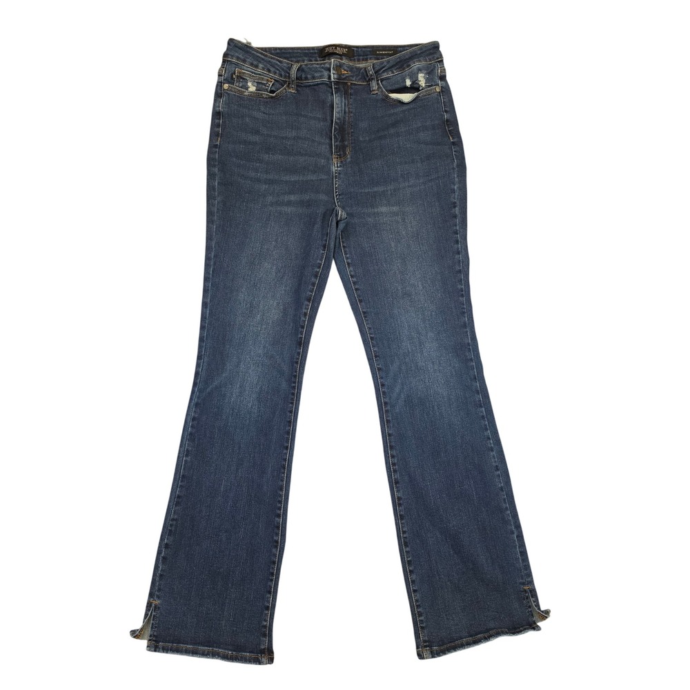 Judy‎ Blue Slim Bootcut Jeans Dark Wash Distressed Side Slit size 15 Womens
